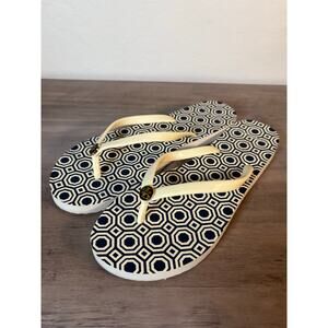 Tory Burch Flip Flops Slippers Geometric Pattern Slip On Navy Blue Womens Size 9